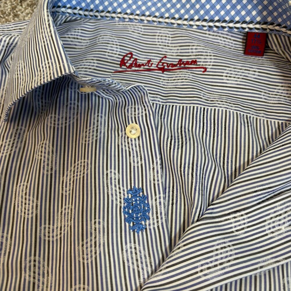 Robert Graham Men XL 44 Blue Stripe Paisley Jacquard Shirt Flip Cuff Cotton - Picture 6 of 13